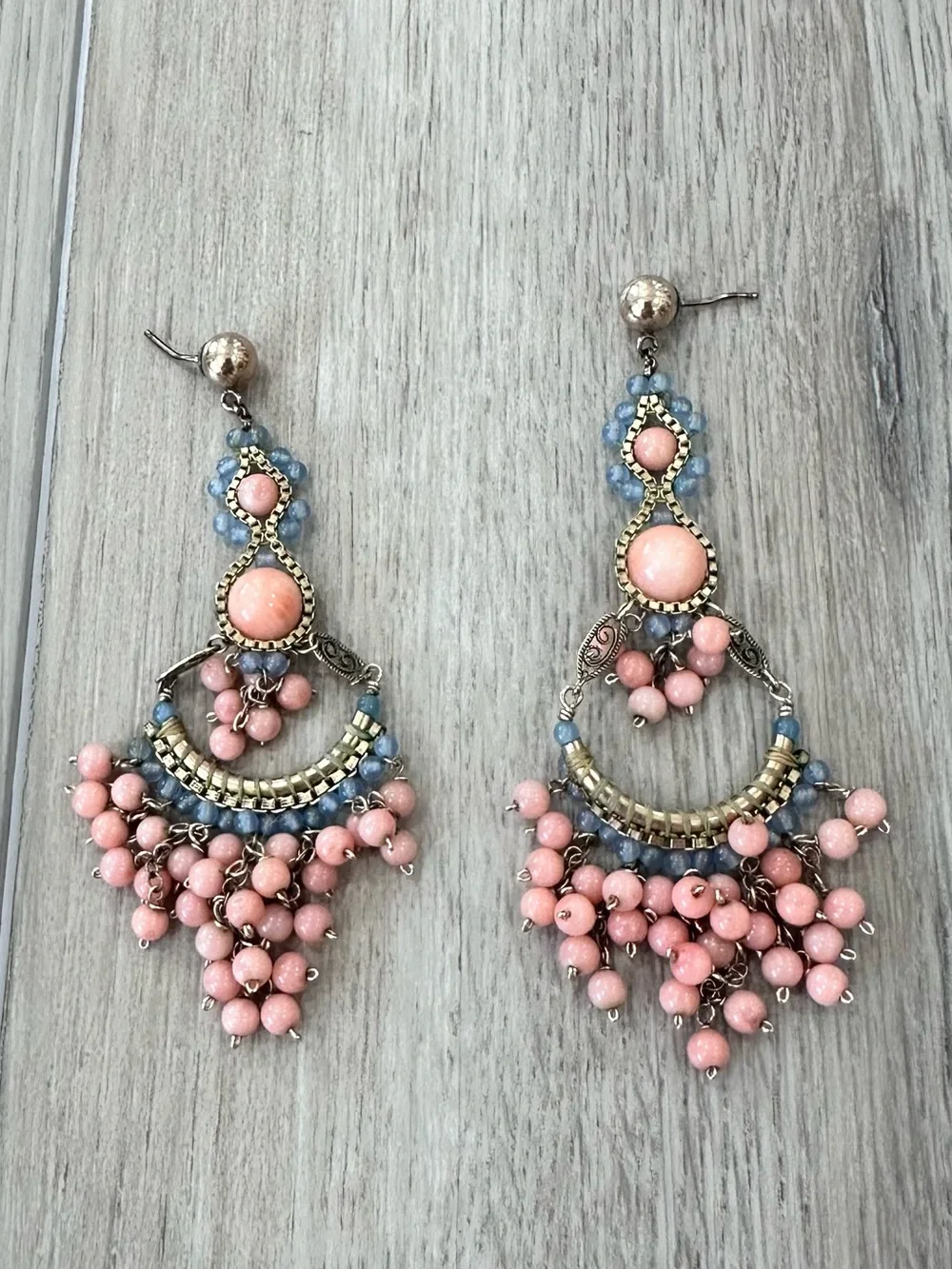 Miguel Ases Drop earrings Chandelier hanging beaded gold pink blue boho
